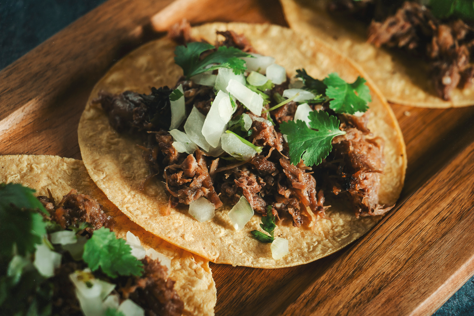 Tacos of Barbecue on Wood Serving Tray